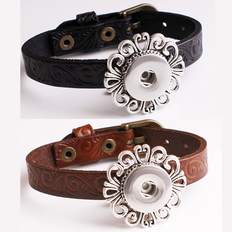 

Hot sale Vintage Bohemia Top genuine leather 18mm snap button jewelry bracelet good quality TP663