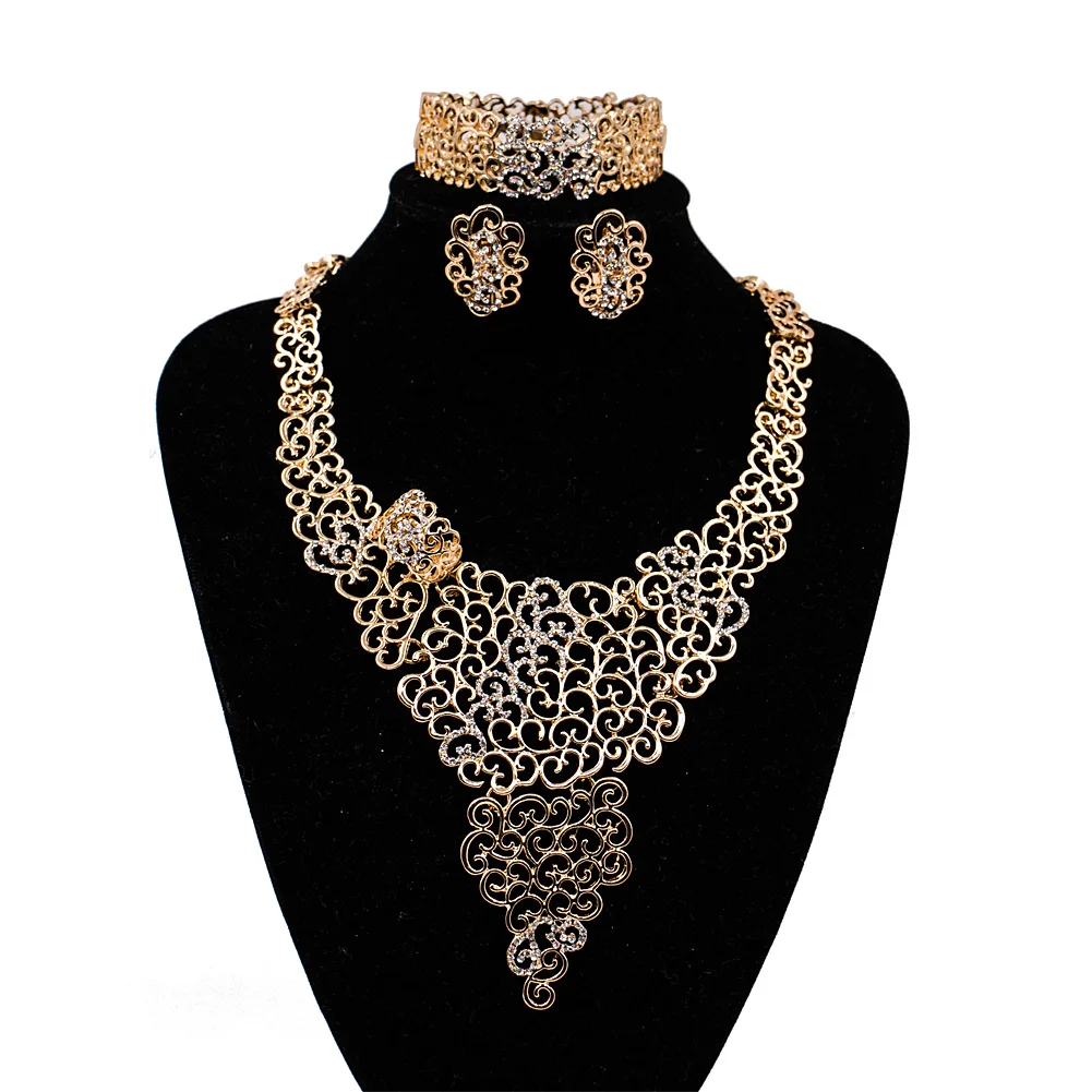 2017 Dealky Long Big Necklace Set African 4 Pcs Gold Plating Costume