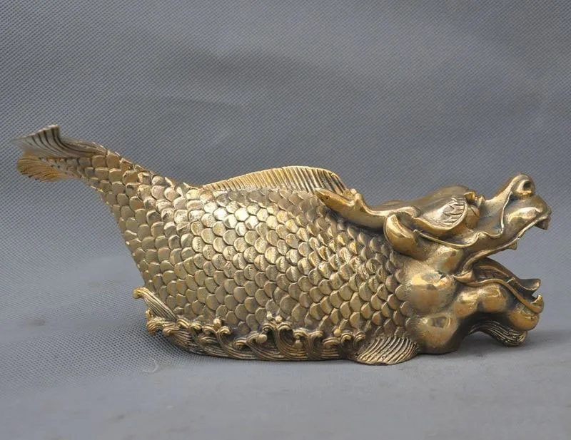 

christmas 8"Lucky Chinese FengShui Brass Exorcism Dragon Fish Scleropages Beast Sculpture halloween