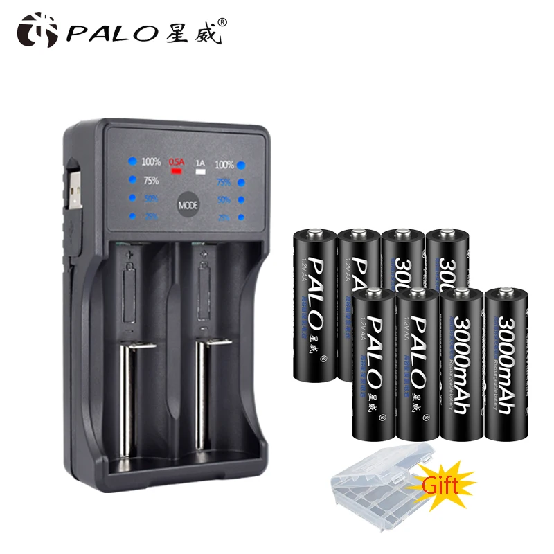 

Palo LED Display USB Battery Charger For Ni-Mh Ni-CD AA AAA Li-ion 3.7V 18650 Rechargeable Battery + AA 3000mAh Batteries