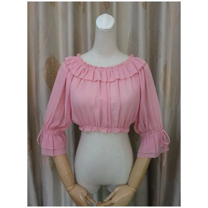 Платье в стиле Лолиты шифоновая Базовая рубашка с внутренним воротником стильная блузка в японском стиле топ с короткими рукавами и оборкой на груди