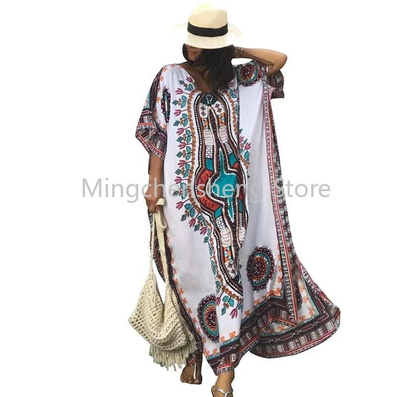 

Women Summer White African Ethnic Print Kaftan Maxi Dress 2019 Summer Loose Vintage Boho Beach Long Summer Cover Up Dress