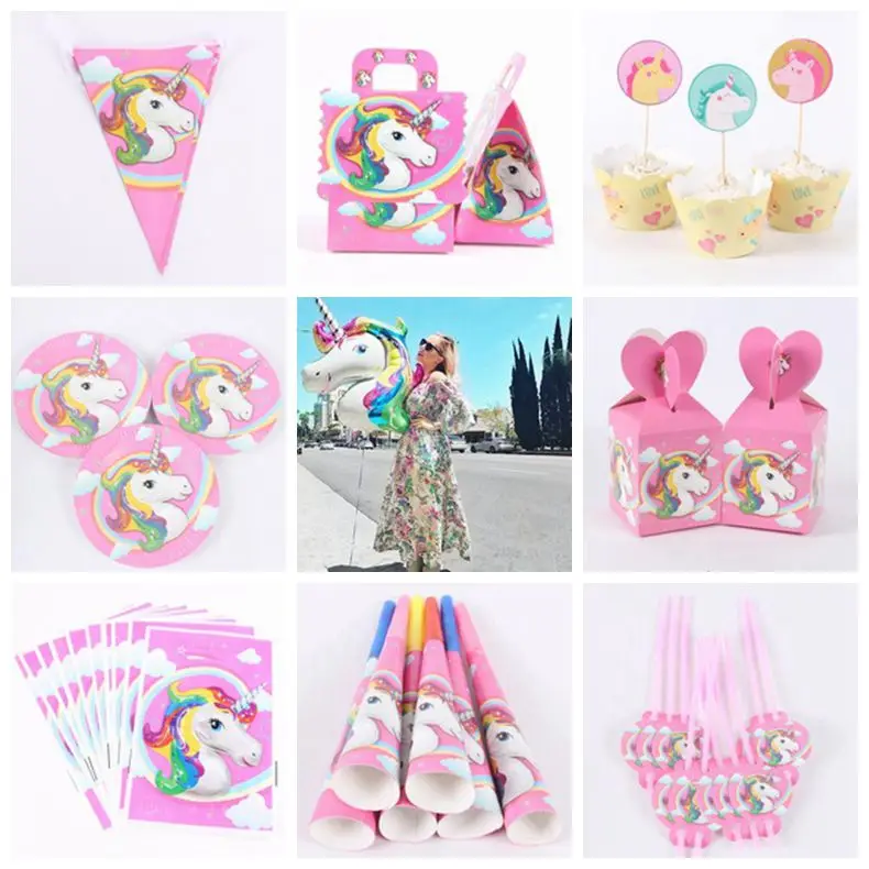 

Unicorn Theme Party Supplies Balloon,Wrapper topper,Loot bag,Banner/Flag,Paper plates/Candy Popcorn box/blowout whistle Wedding