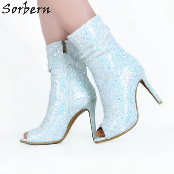 

Sorbern White Sequins Ankle Boots For Women Open Toe Zipper High Heels Women'S Shoes Fenty Fetish High Heels Ladies Boots 2018