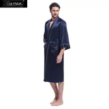 LilySilk халат мужской кимоно пеньюар домашняя одежда для мужчин шелк китайский белой отделкой три четверти рукав пояс внутри карманами уровня