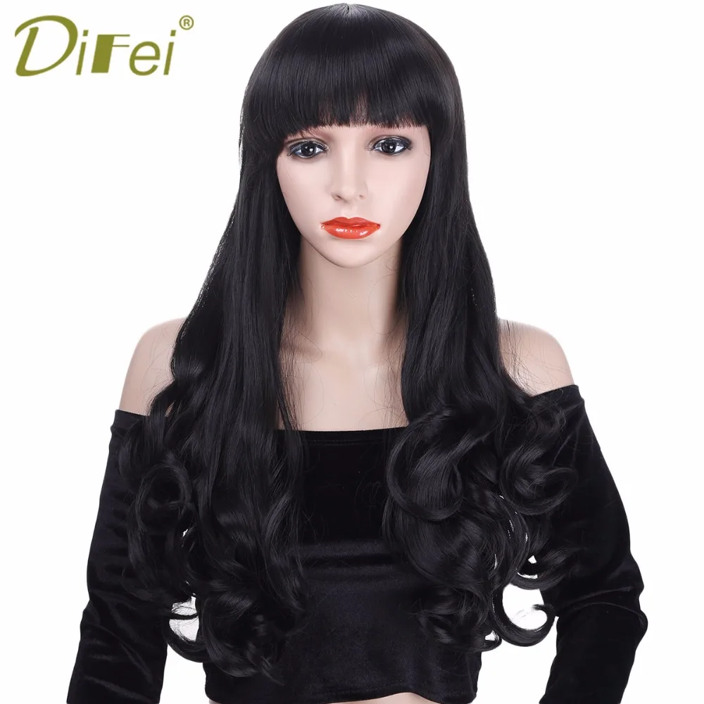 Difei Long Black Wavy Curly Hair Wig With Bangs Heat Resistant 