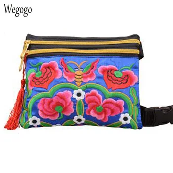 

New Women Waist Bag National Flower Embroidery Bag Double Zipper Long Wallet Day Clutch Small Phone Handbag