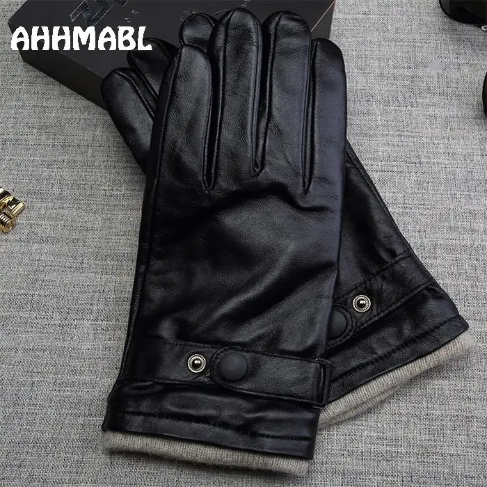 

Winter Men Genuine Leather Gloves Touch Screen High Quality Solid Black Real Sheepskin Driving Glove Button Fashion G589