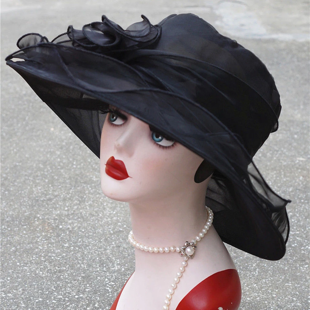 5 цветов, модные летние шляпы от солнца из органзы для женщин, элегантные женские винтажные шляпы с широкими большими полями и большим цветком, фетровые шляпы