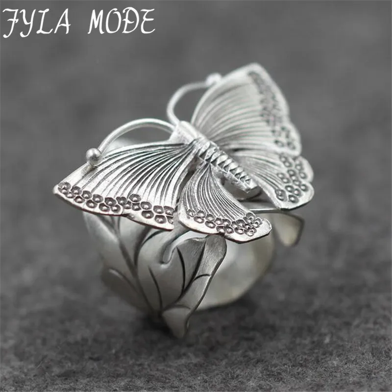 Fyla Mode 14g Genuine 925 Silver Wedding Leaves Butterfly Design Adjustable Antique Thai Silver Finger Rings