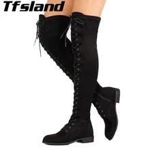 Обувь для ходьбы квадратный каблук Для женщин круглый носок теплые сапоги выше колена Для женщин с скраб черные мотоциклетные ботинки на шнуровке Большой Размер(43