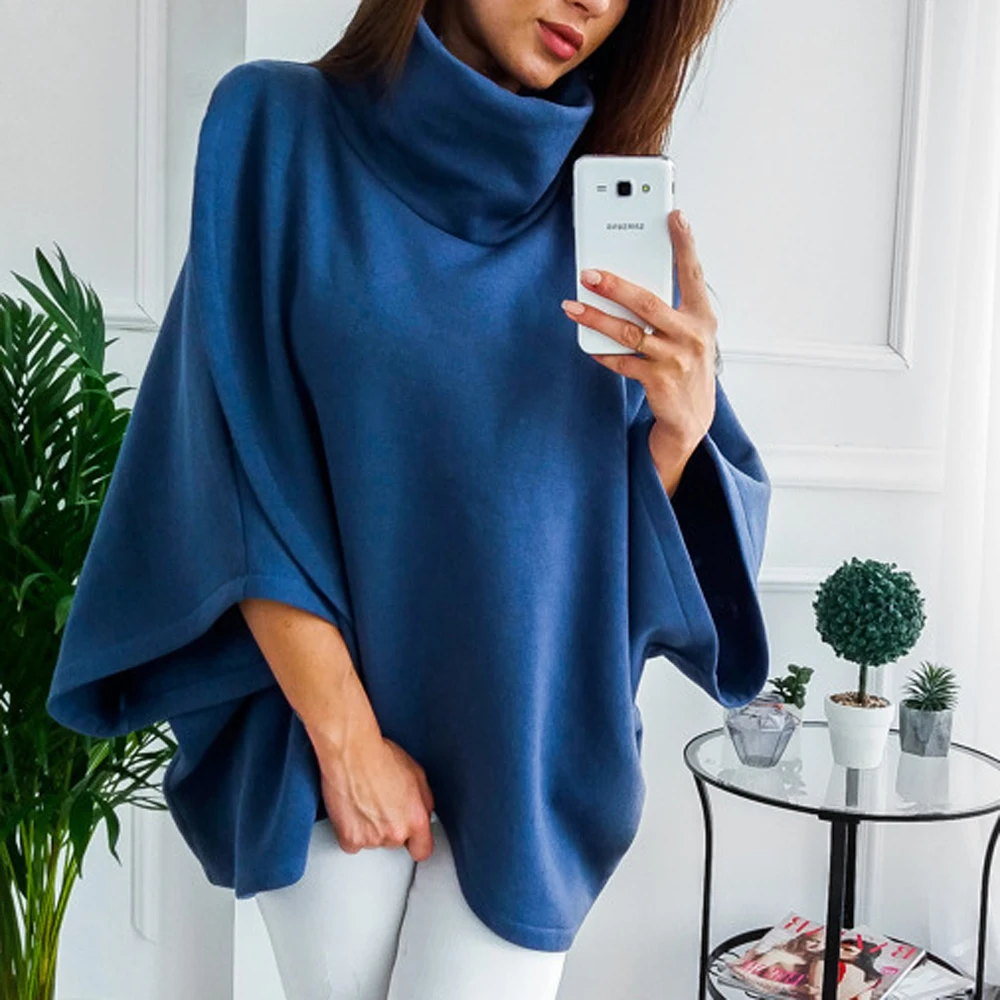  XUANSHOW Fleece Hoodies Women Warm Turtleneck Irregular Pullovers Solid Flare Sleeve Casual Sweatsh