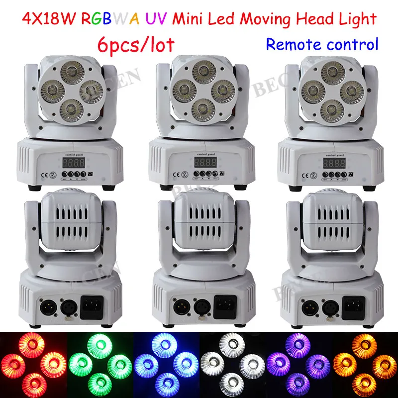 6 шт./лот белый корпус 4x18 Вт led moving head light mini rgbwa uv 6in1 stage с пультом дистанционного