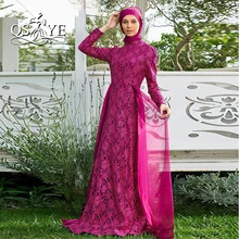 2017 New Arrival High Neck Long Sleeves Lace Muslim Evening Dress with Hijab Abaya Moroccan Kaftan Formal Party Gown