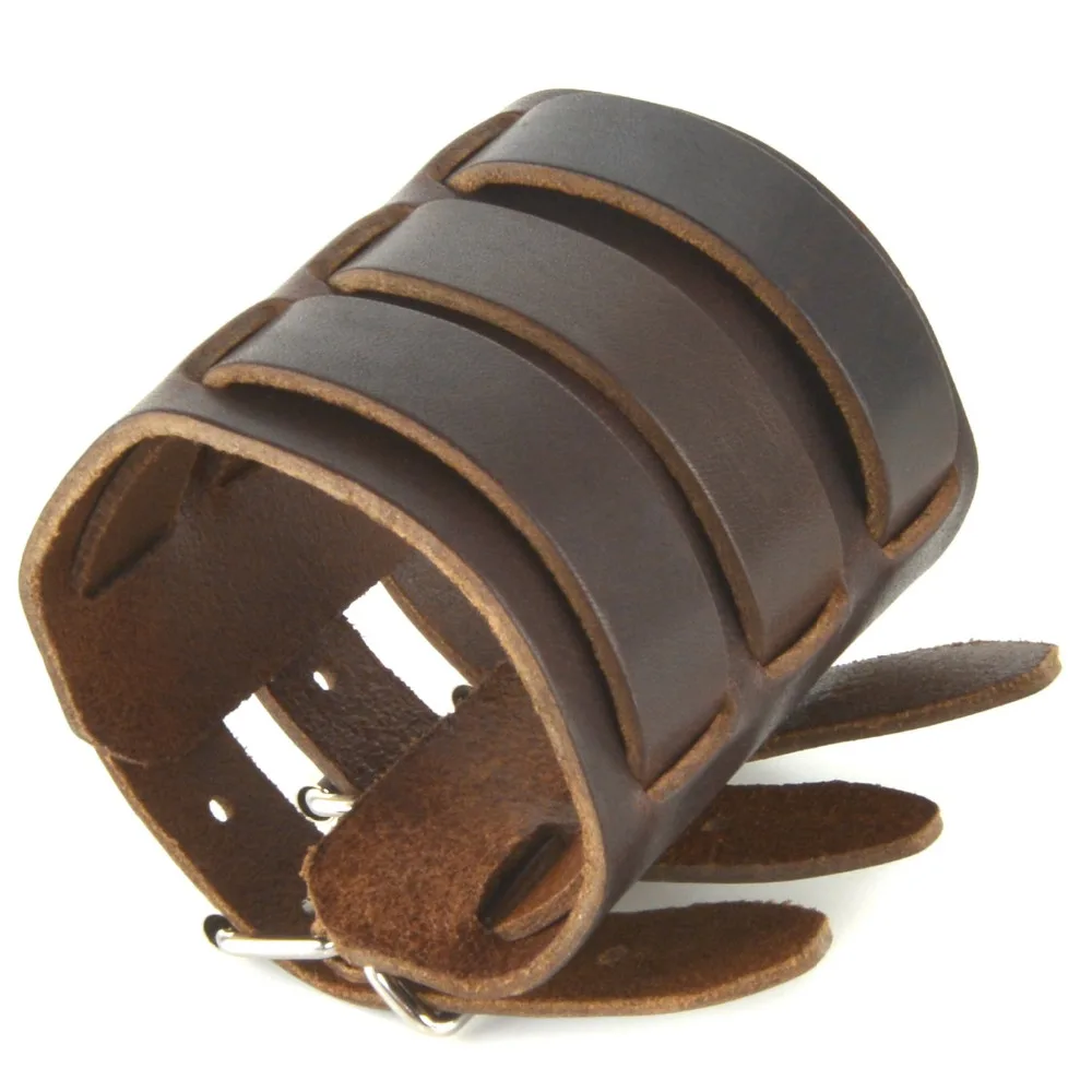 HZMAN Mens Leather Wide Triple Strap Cuff Wrap Gauntlet Wristband Buckle Fastening Arm Armor | Украшения и аксессуары