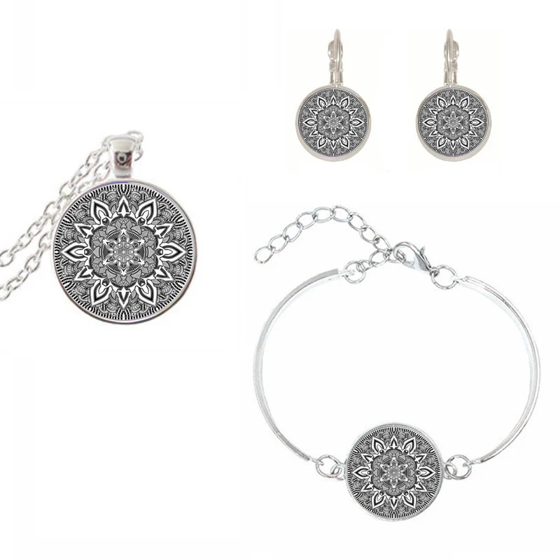 

Charm Mandala Glass Necklace set On silver color Earring bracelet Om Symbol Buddhism Zen Henna Yoga Jewelry For Women Pendant