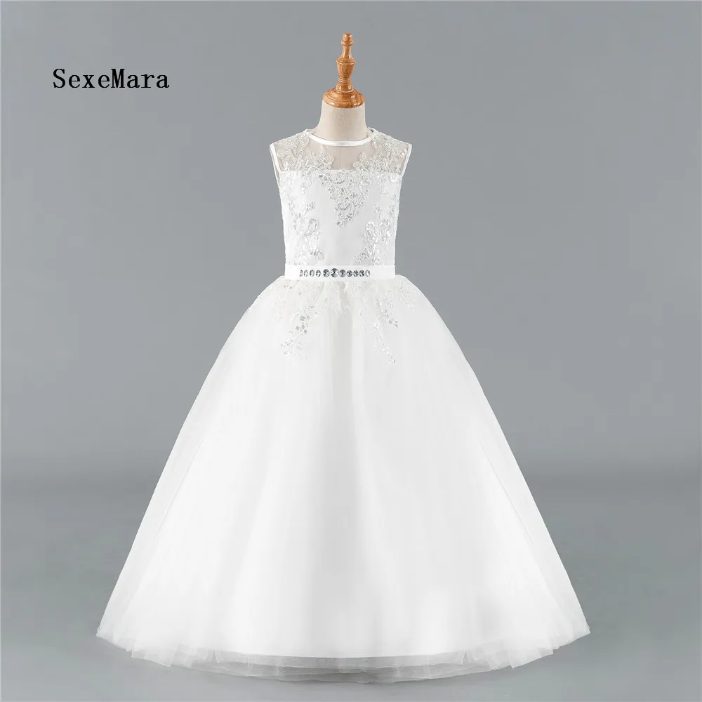 

Real Picture 2018 High Quality Girls First Communion Dress Lace Sequins Ball Gown Flower Girls Dresses for Wedding with Bow
