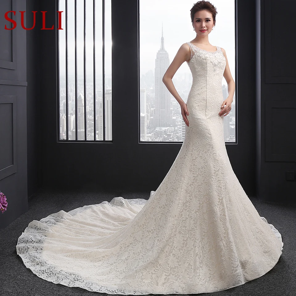 

SL-050 Sexy Scoop Neck Beaded Crystal Sweet Heart Back Bridal Wedding Gowns Embroidery Lace Mermaid Wedding Dresses