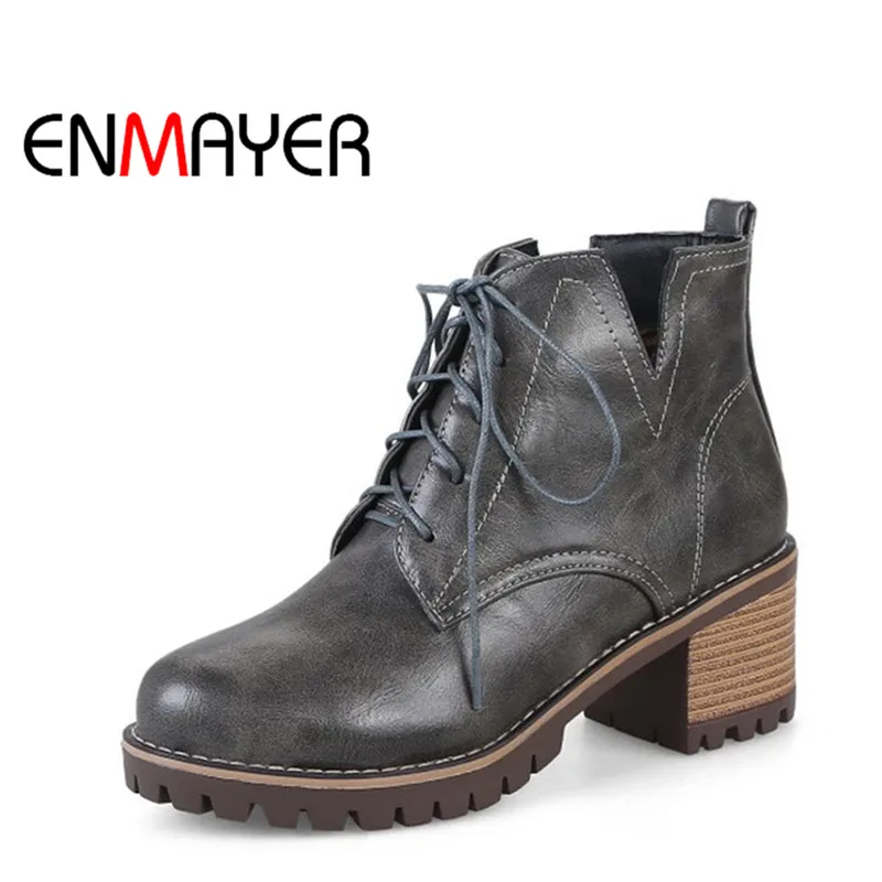 

ENMAYER Women Ankle Boots Lace-up Round Toe Shoes Square Heel Platform Boots Warm Winter Boots Green Brown Shoes Woman forLadies