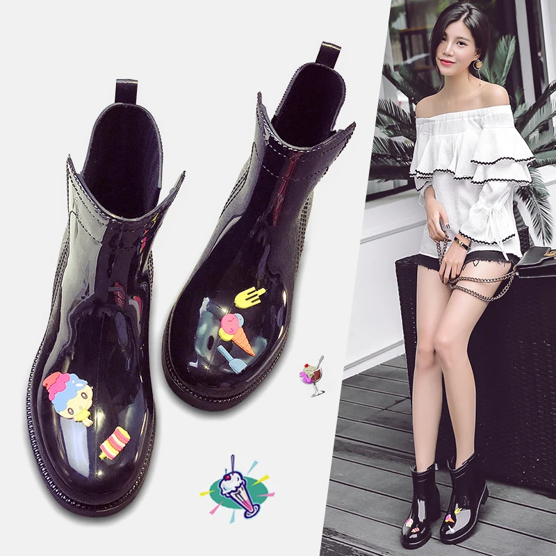

Koovan Women's Rain Boots Ladies Leather Rainboots 2020 New Ankle Warm Boots Girls Non-slip Shoes Rubber Women Shoes Lovely