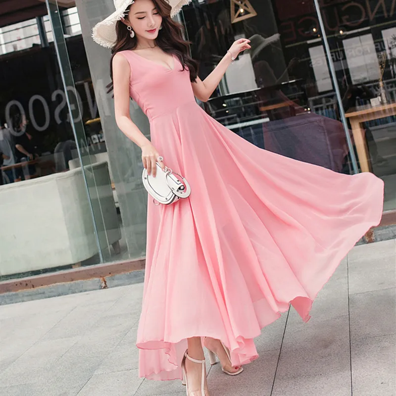 2019 New Summer Beach Dress Women's Fashion Sleeveless V-Beck Red Blue Long Dress Elegant Robes Women's Plus Size 5XL (13)