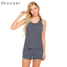 Ekouaer, женская пижама, пижамный комплект с круглым вырезом, полосатый топ на бретелях и шорты с высокой талией, Летние повседневные ночные рубашки, женские пижамные костюмы