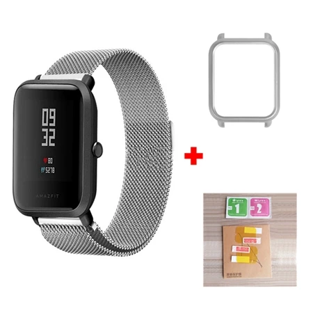 Смарт-аксессуары YUEDAER 3в1 Для Xiaomi Amazfit ремешок Bip металлический Миланский Браслет-петля для Amazfit Bip защитный чехол для экрана - Цвет: sliver sliver