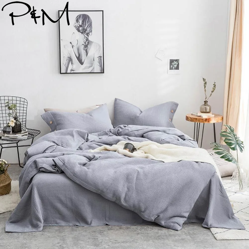 

2019 Grey Solid Scandinavian Waffle Pattern Bedlinens Queen King Size Cotton Duvet Cover Set Flat Sheet Bedding Set Pillowcases
