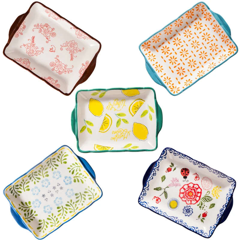 

Rectangle Plate Ceramic Dish Colorful Tray Baked Rice Tray Cheese Baking Oven Dish Small Size Creative Baking Pan Container 1pcs