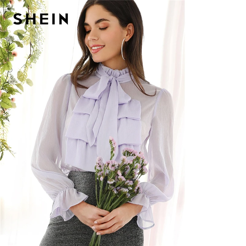 Buy SHEIN Purple Vintage Jabot Collar Tie Neck Semi