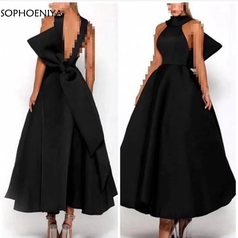 

New Arrival High Neck Black evening dresses Backless with Bow Evening gowns abendkleider 2019 formal dress party