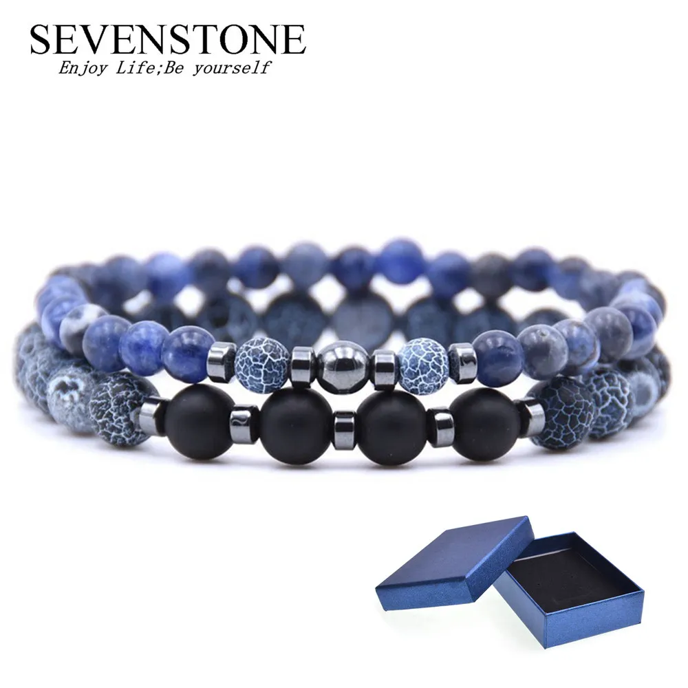 

SEVENSTONE Popular Jewelry Unisex Stainless Steel Trendy Bracelets Natural Stone Size 6mm with 8mm Charm Bracelet Set for Lovers