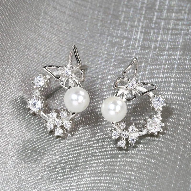 

Sweet CZ Garland Butterfly Natural Pearl 925 Sterling Silver Stud Earrings