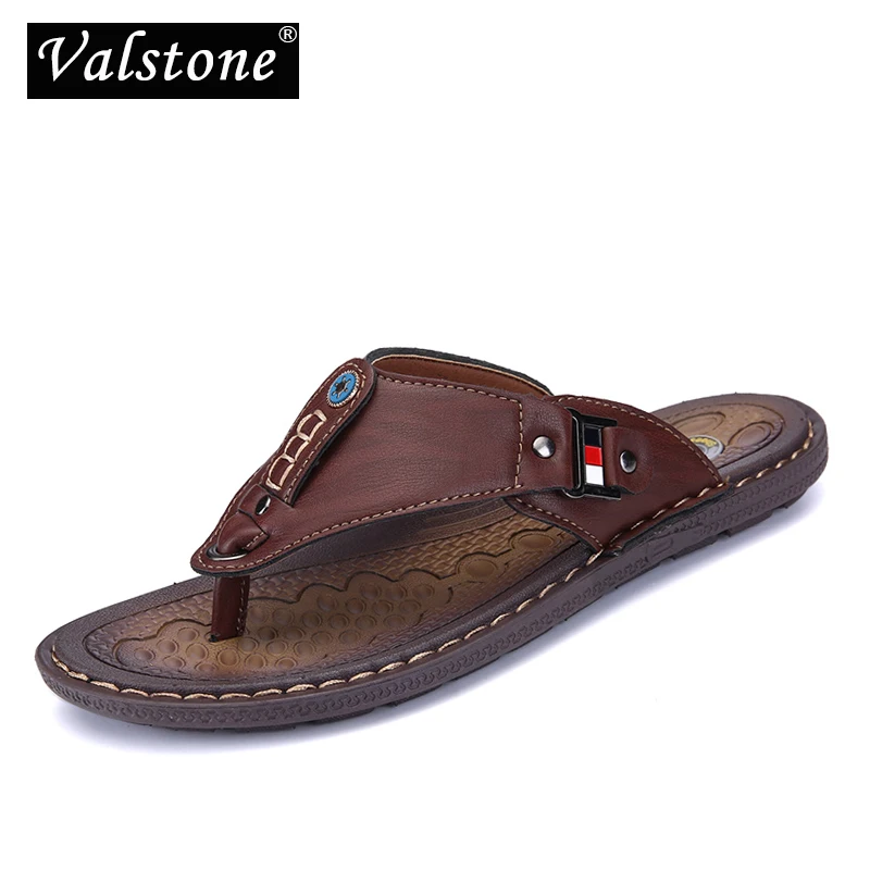 

Valstone Men's summer flip flops Vintage PU sandals retro style Beach walk shoes Bascule Pantoufles pour hommes Zapatillas Khaki