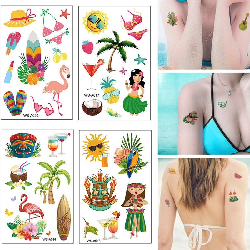 

10 Style Hawaiian Party Temporary Tattoo Stickers Flamingo Party Photo Props Hawaii Luau Summer Pool Party Decoration Kid Gift,Q