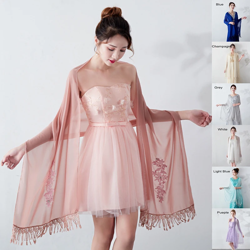 Long Chiffon Bolero Stole Lace Appliques Beaded Evening Dresses