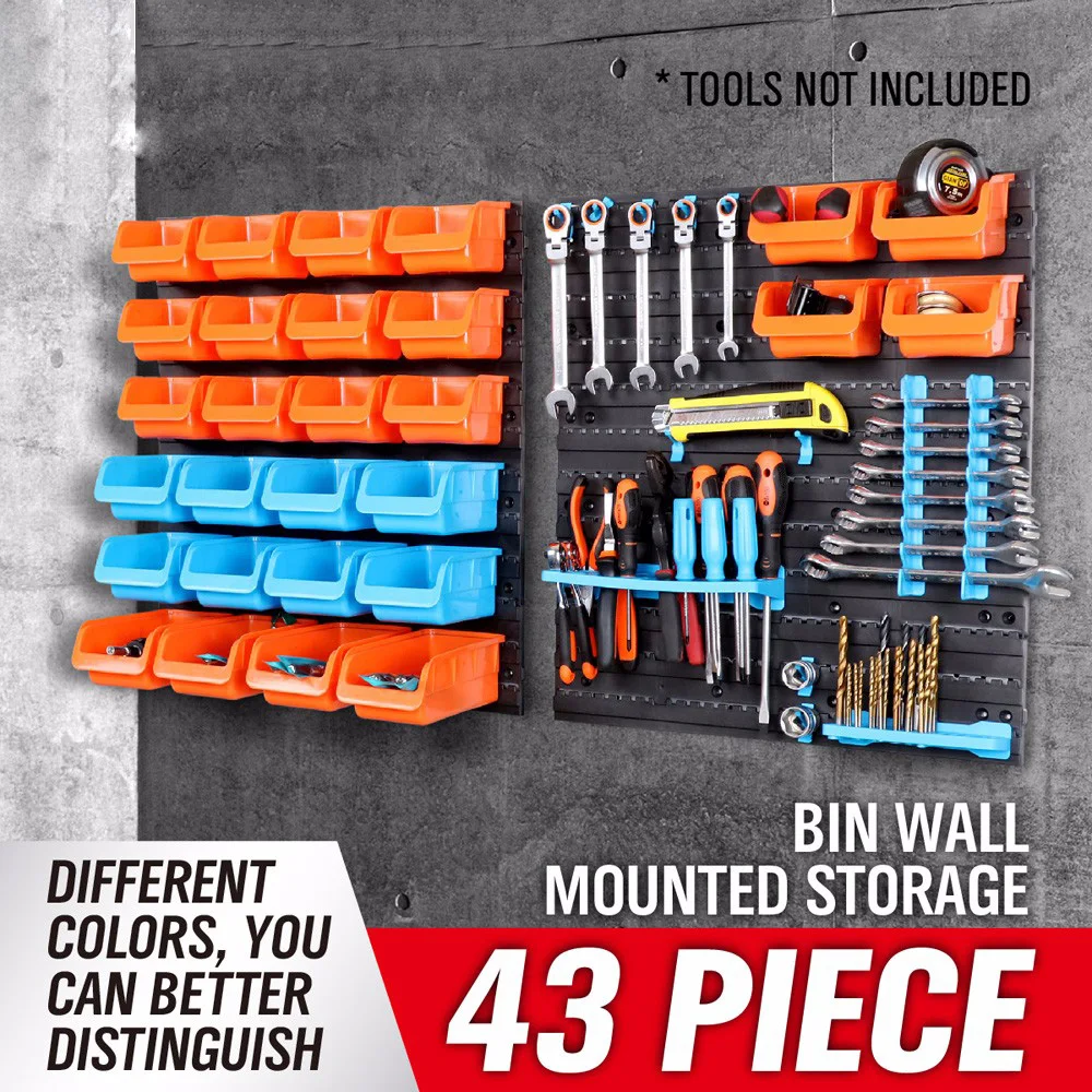 43pc Wall Mounted Storage Bin Rack Tool Case New Parts Garage Unit