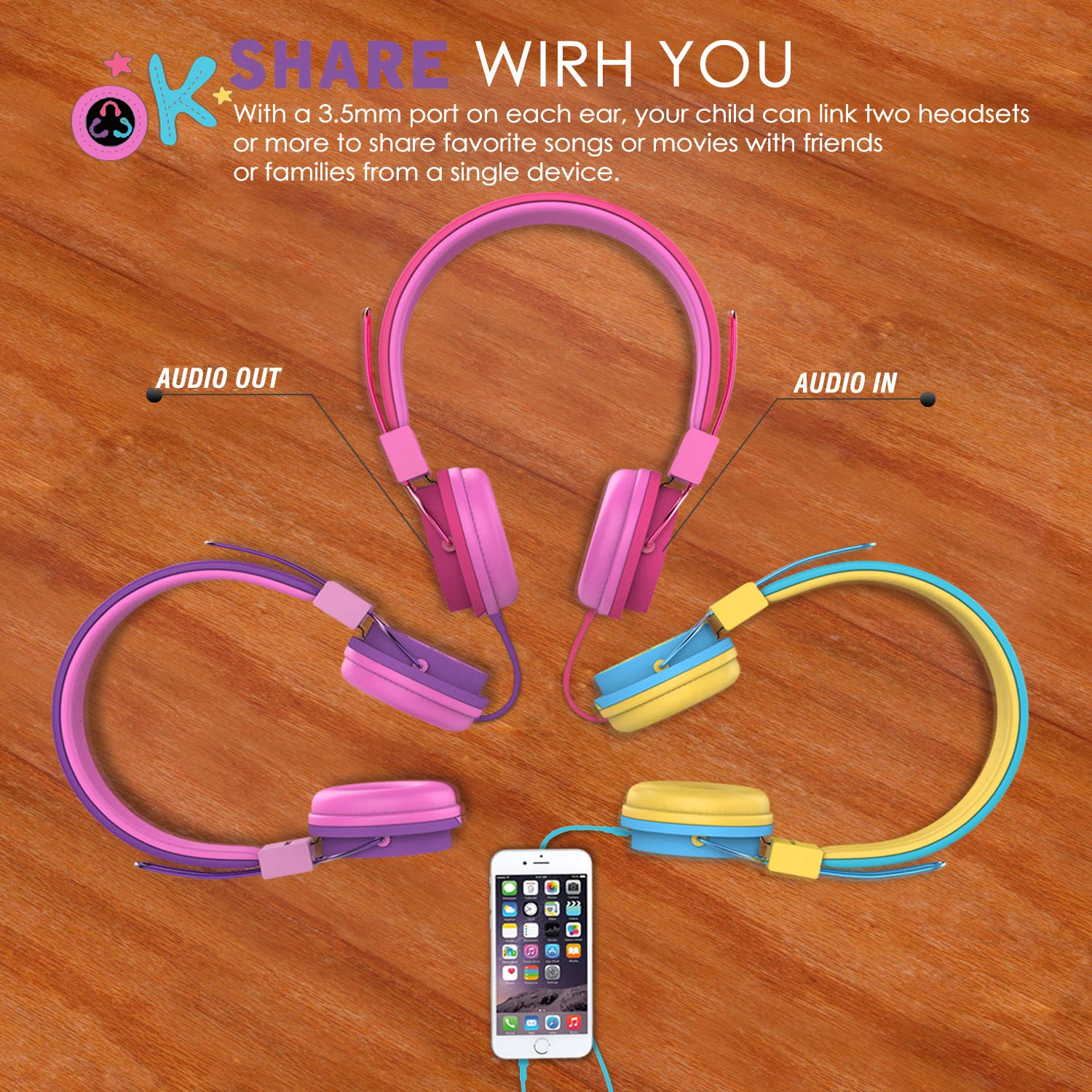 MoKo Kids Headphones On Ear Headphones Volume Limiting Wired 1 5m 4 9ft Headset with SharePort for Children For Leapfrog