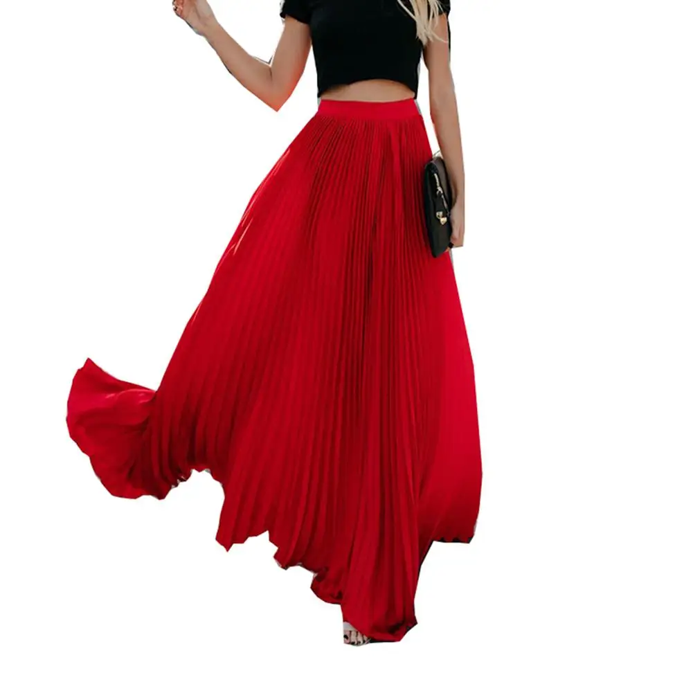 

Wholesale Beach Bohemia Women Solid Color Pleated Full Length Elastic Maxi Long Skirt