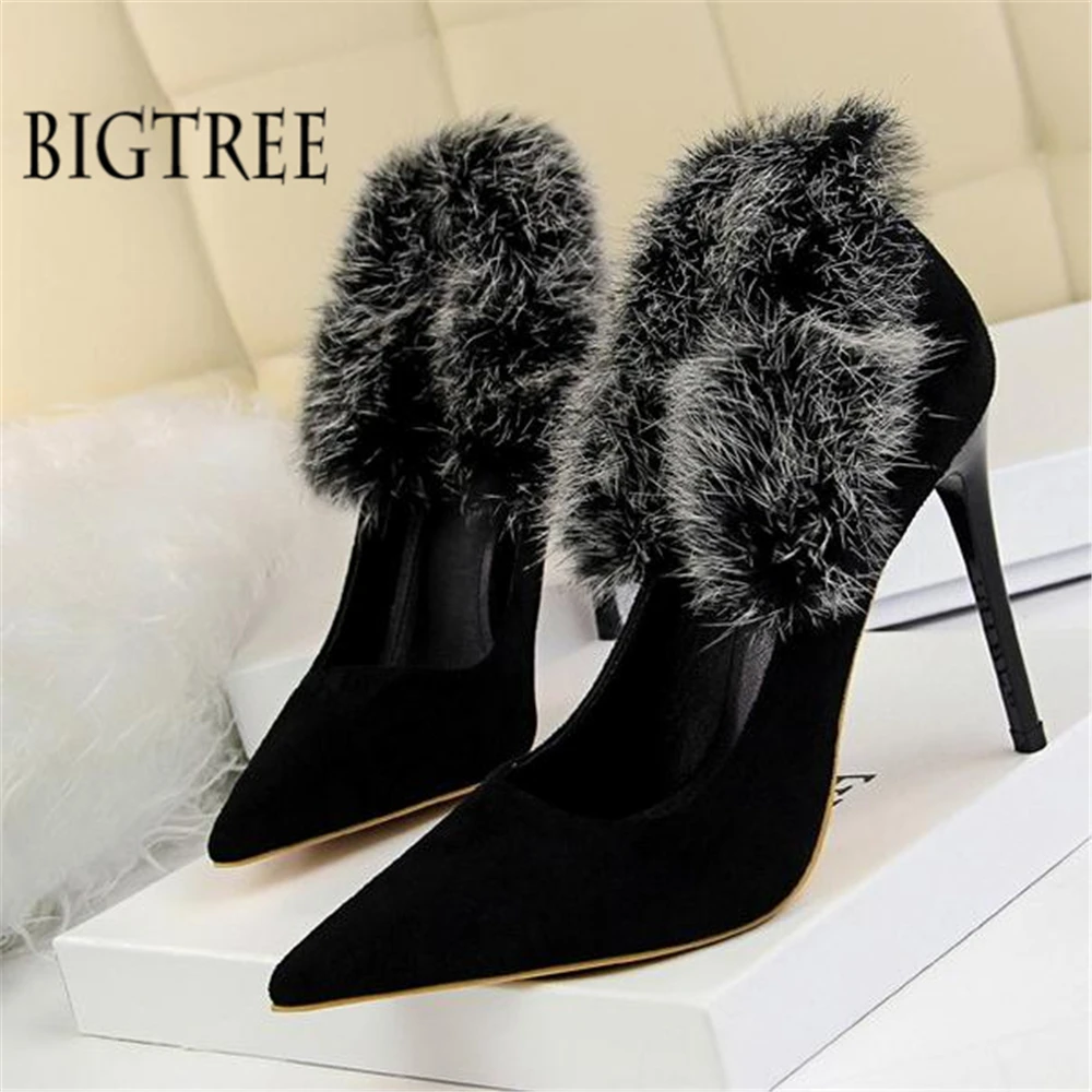 Han version of fur heels shoes heels suede shallow mouth pointy sexy