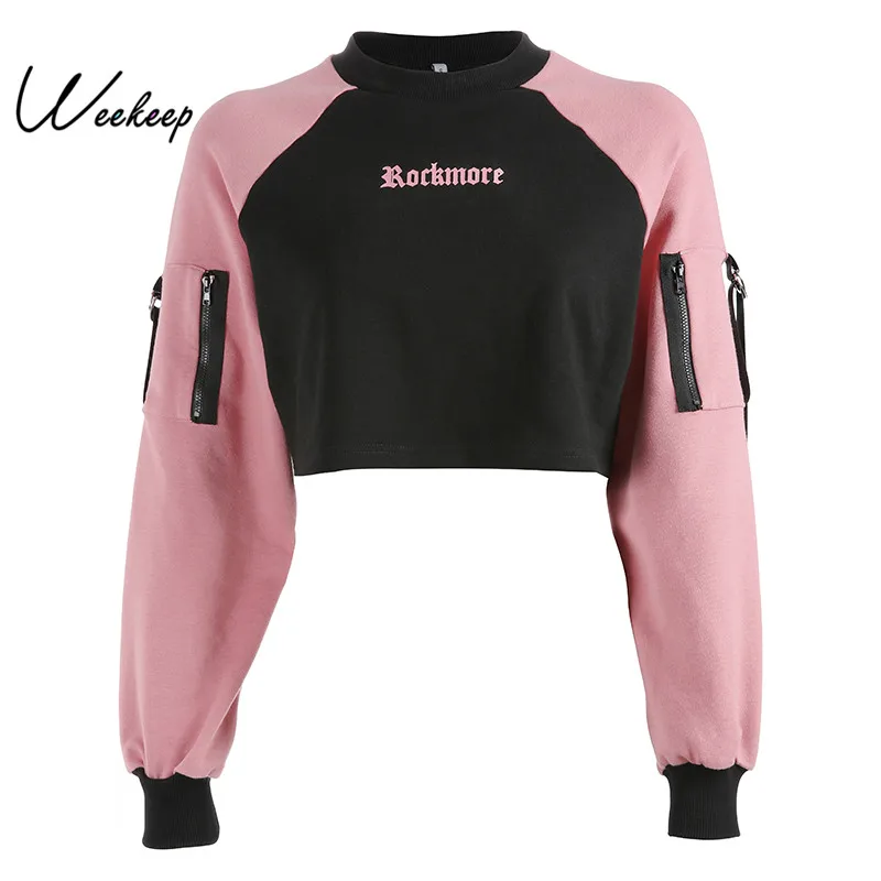 

Weekeep Women Patchwork Letter Print Hoodies Cropped Streetwear Long Sleeve Sweatshirt Black Pink Knitted Loose Pullover Hoodie