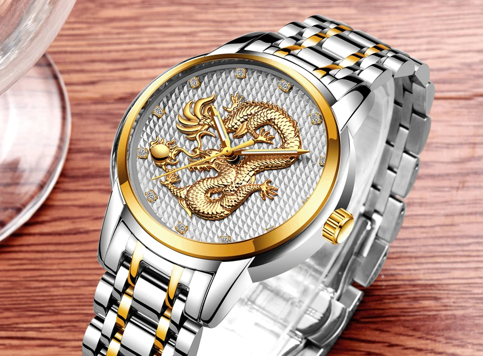 2021 LIGE New Golden Mens Watches Top Brand Luxury Chinese Dragon Watch Business Full Steel Quartz Clock Male Relogio Masculino