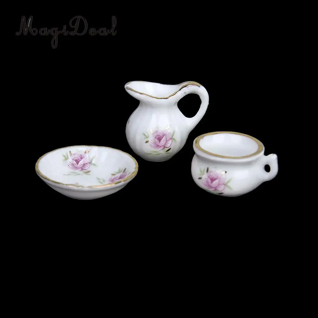 MagiDeal Porcelain 8Pcs/Set Dollhouse Bathroom Accessory Floral Ceramic Children Toys Decoration Pastel Rose