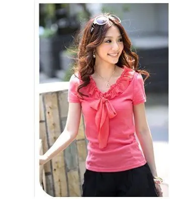 Free Shipping Fashion Chiffon Wave Collar Short Sleeve T-shirt Red | Женская одежда