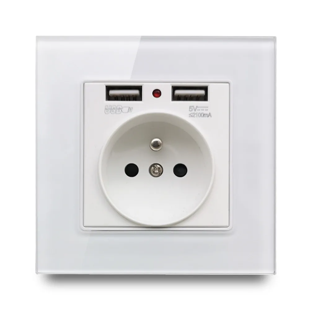 

French Socket with 2.1A Two USB Charging Ports Wallpad Glass Frame Power Outlet EU French Wall Socket with 2 USB Ports