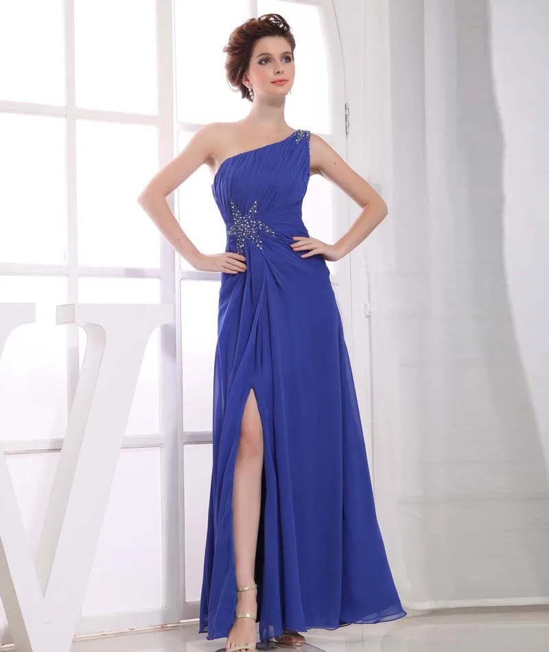 2017 New Designer Sexy Girls Royal Blue High Side Slits Pleats Chiffon One Shoulder Long Evening Dresses Beaded Formal Prom Gown | Свадьбы и