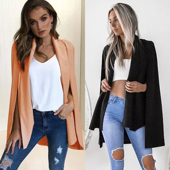 

Trendy Women Lady Long Sleeve Lapel Split Cape Tops Polyester solid casual cardigan Trench one pieces