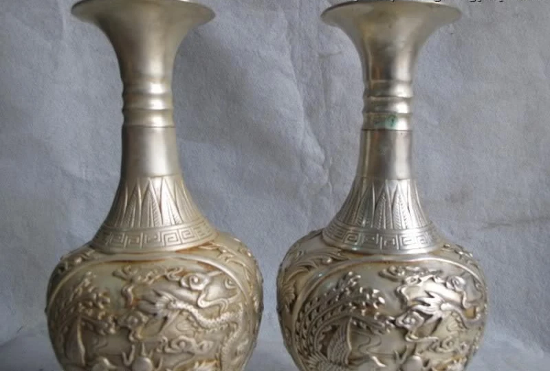 

9 Chinese White Copper Silver Royal Palace Dragon phoenix Play Bead Vase Pair