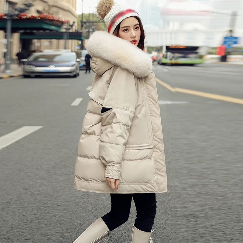 Down Jacket Natural Fox Fur Collar Winter Jacket Women Loose long Down Coat White Duck Down Jacket Thick Warm Down Parka