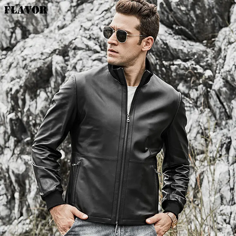Модная мужская куртка из натуральной кожи, Мужская мотоциклетная кожаная куртка из овчины с стоячим воротником, пальто с манжетами